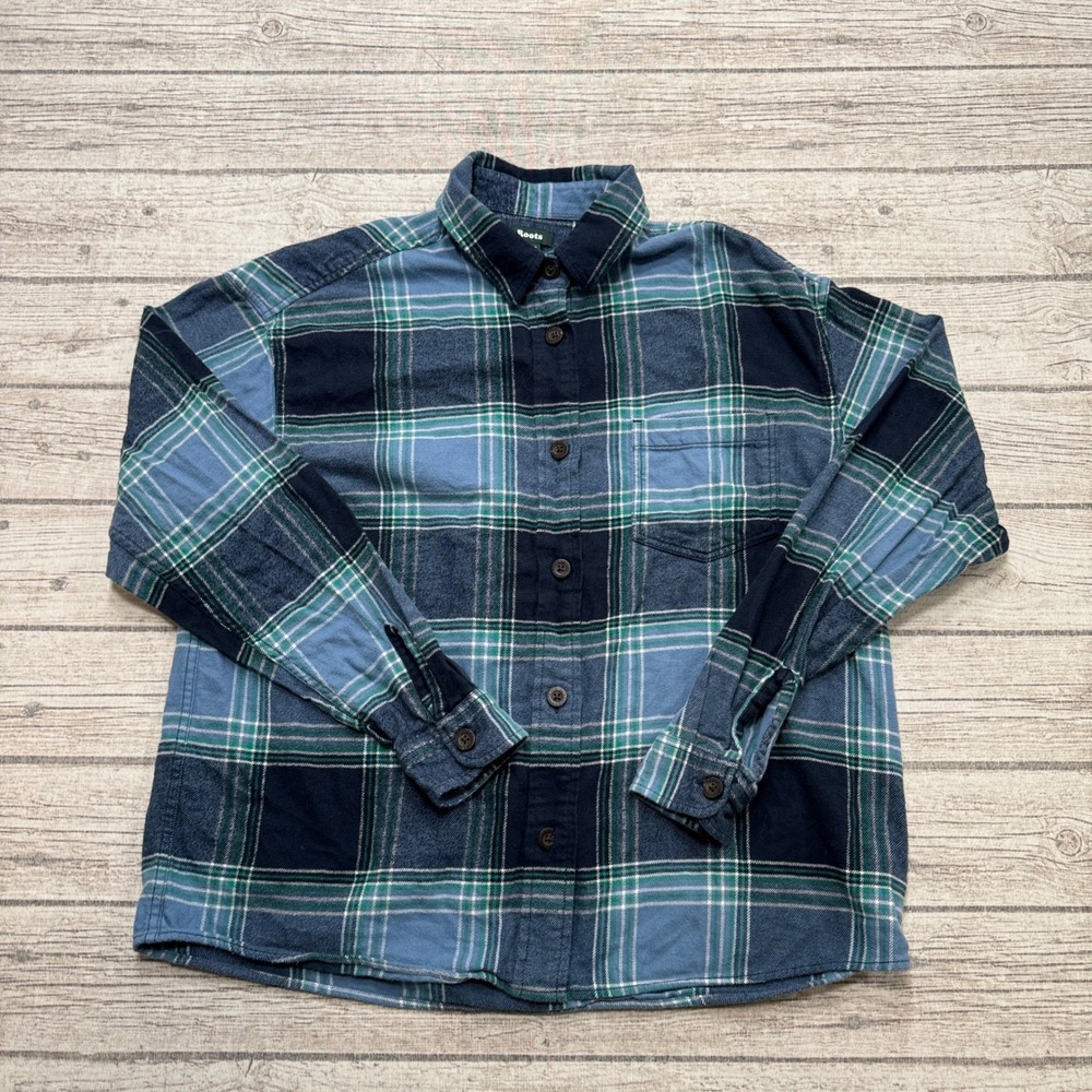 Roots Flannel Shirt Women's XS Blue Green Plaid Button Down Long Sleeve Workwear